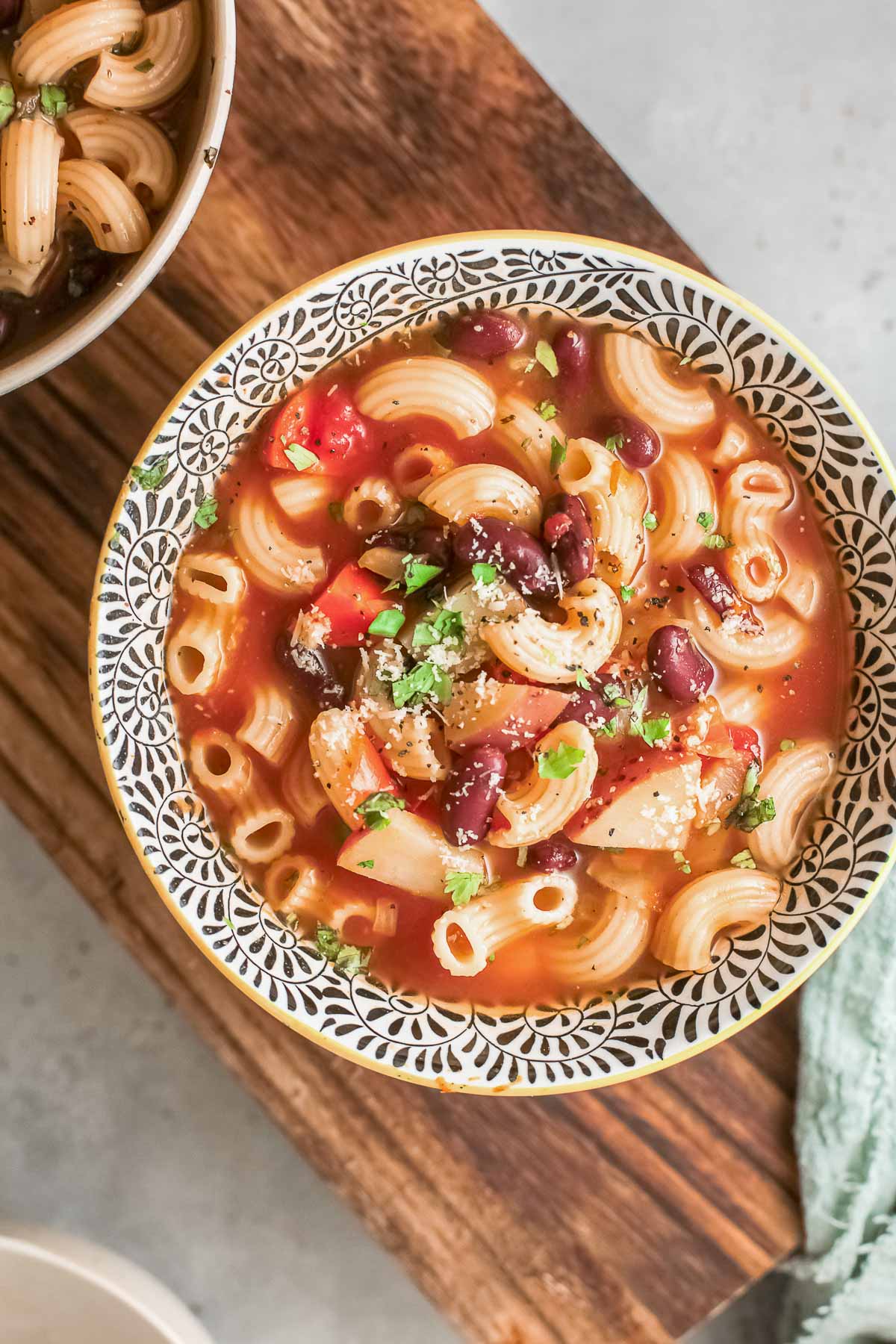 bowl of minestrone soup overhead