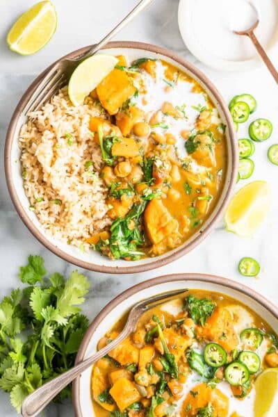 bowls of chickpea curry with rice