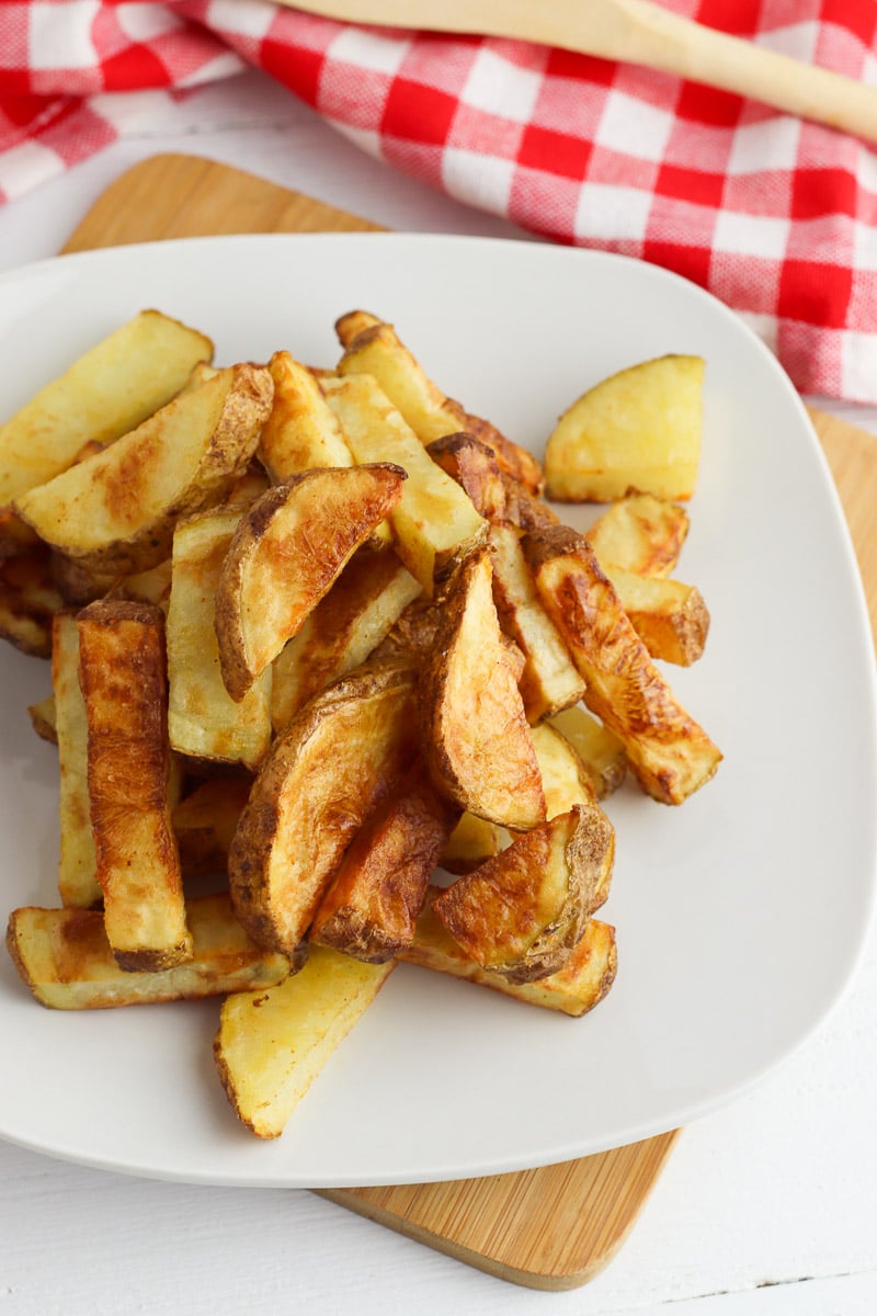 air fryer potato wedges on plate from above