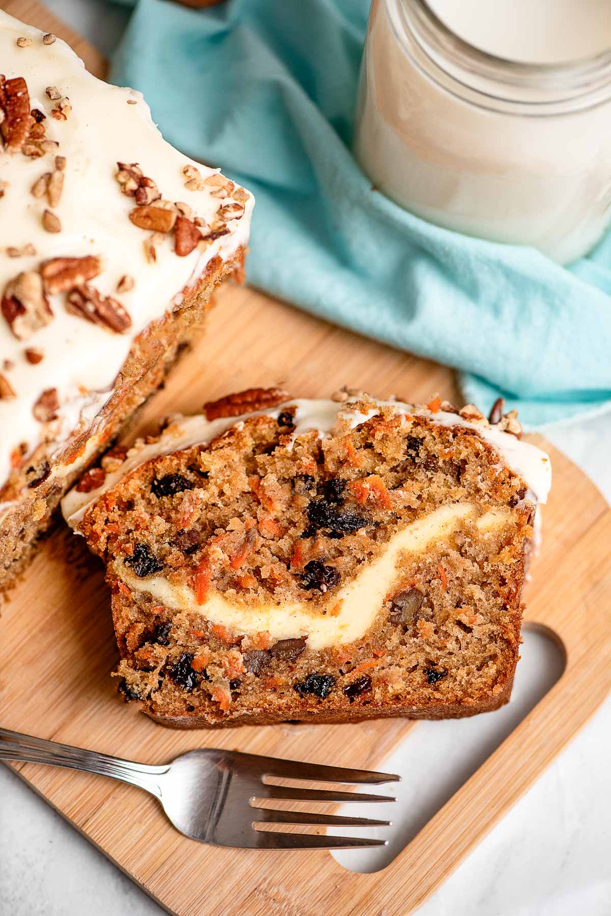 carrot cake loaf slices with fork 