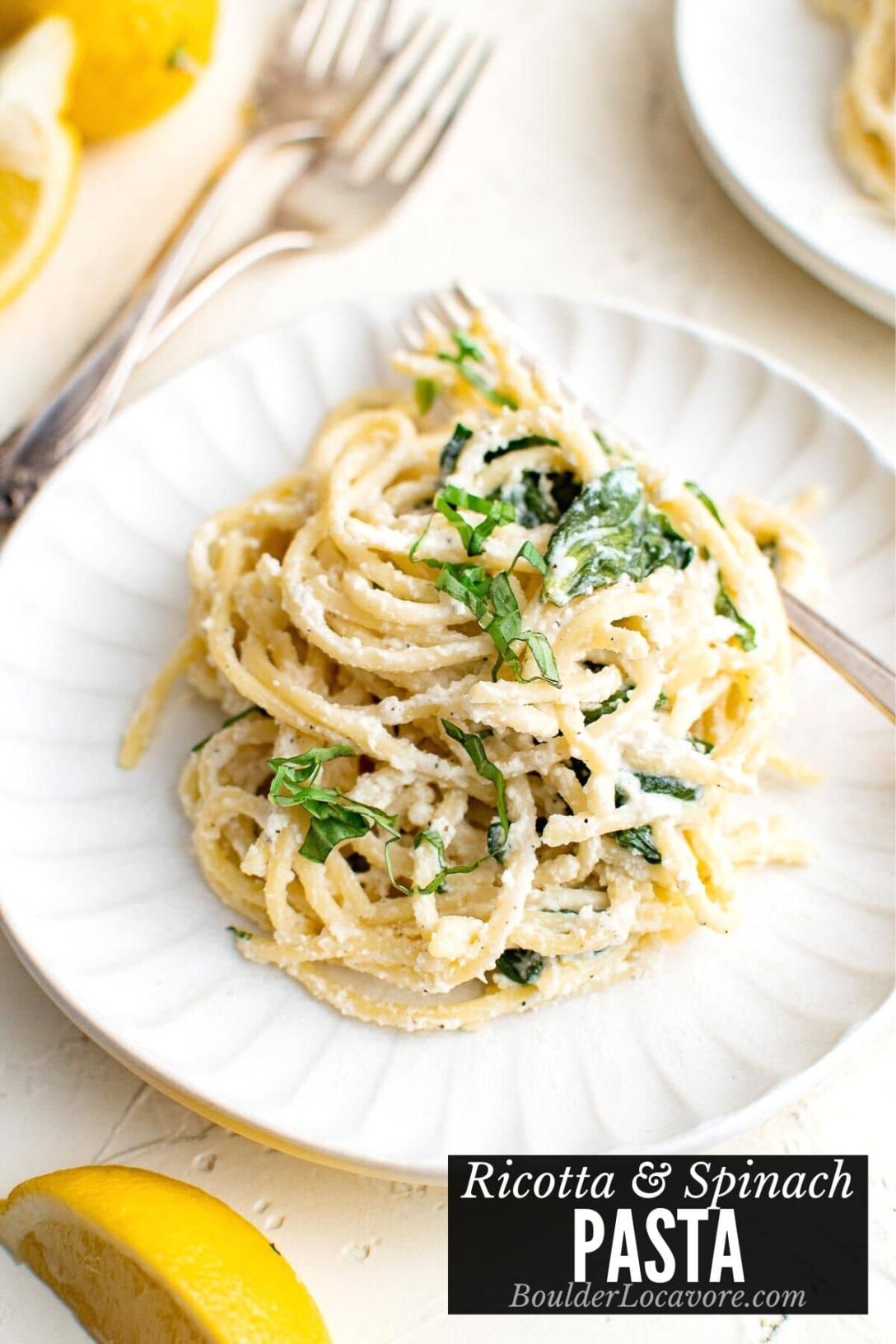 serving of ricotta and spinach pasta on a white plate