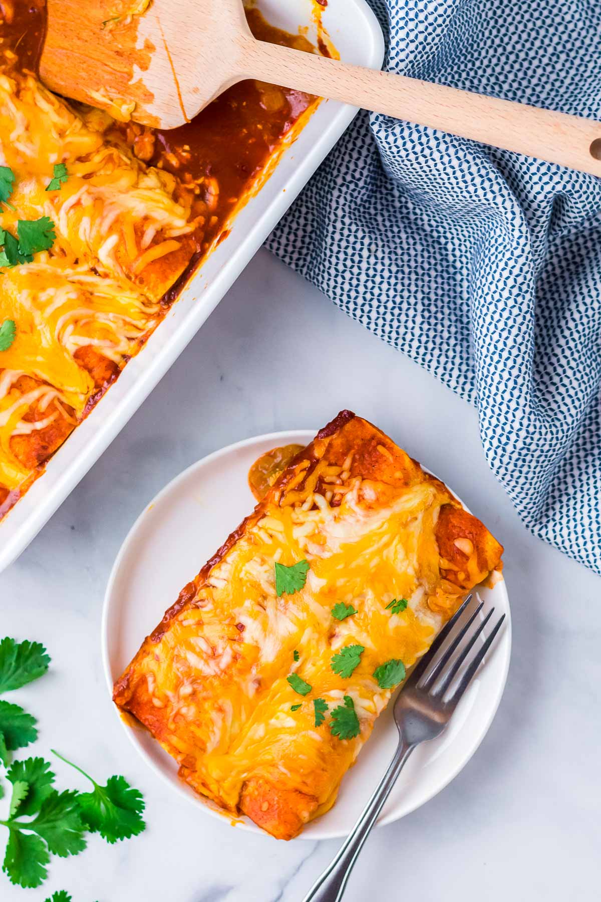 chicken enchiladas on plate and in pan