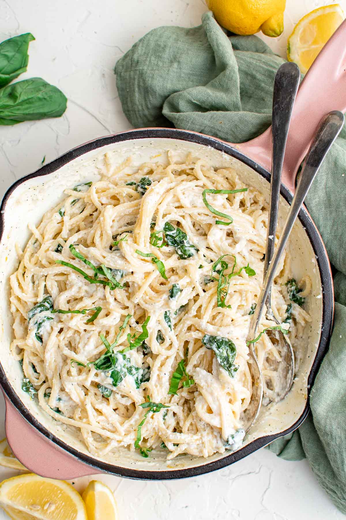 ricotta and spinach pasta in skillet 
