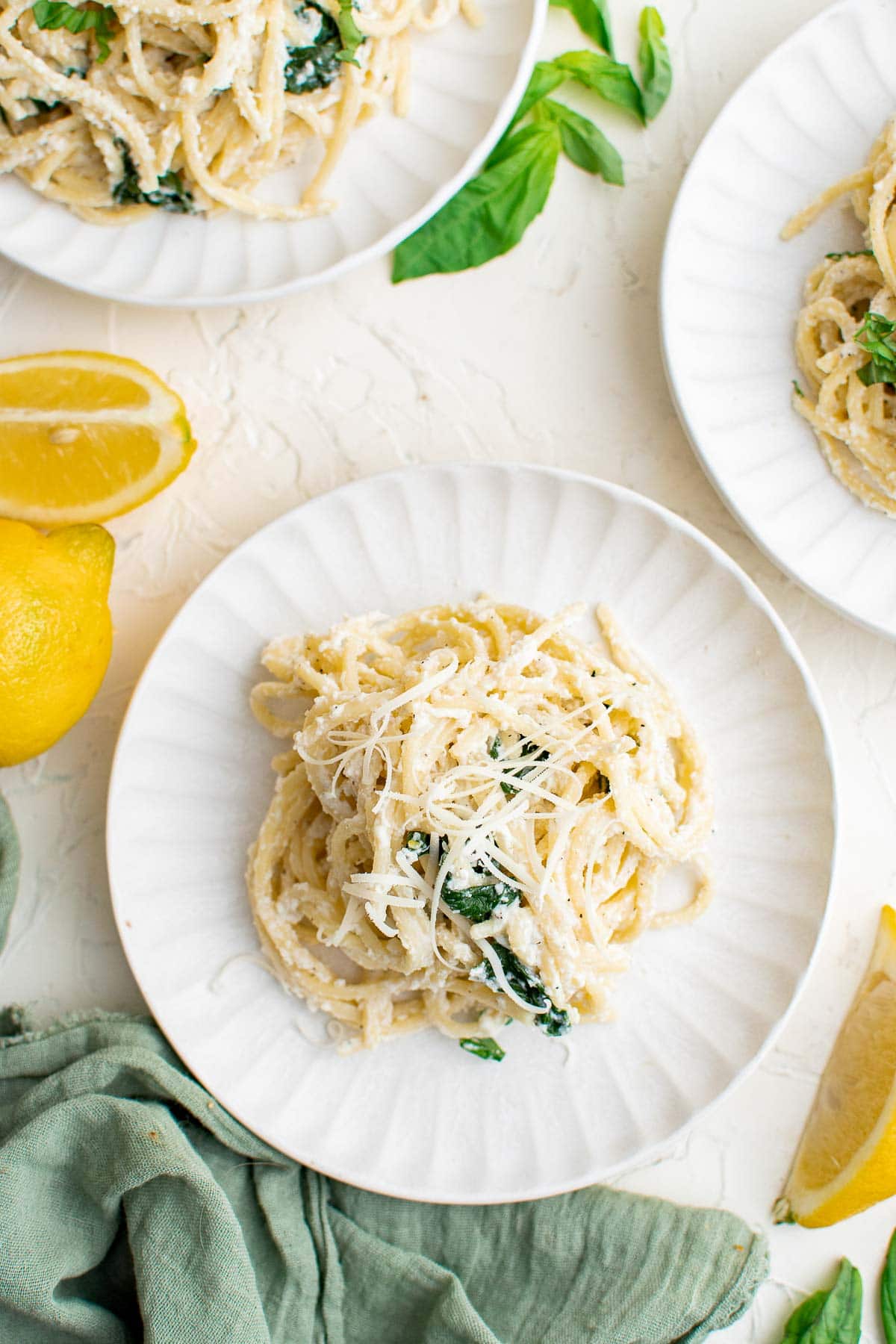 ricotta and spinach pasta on plate overhead