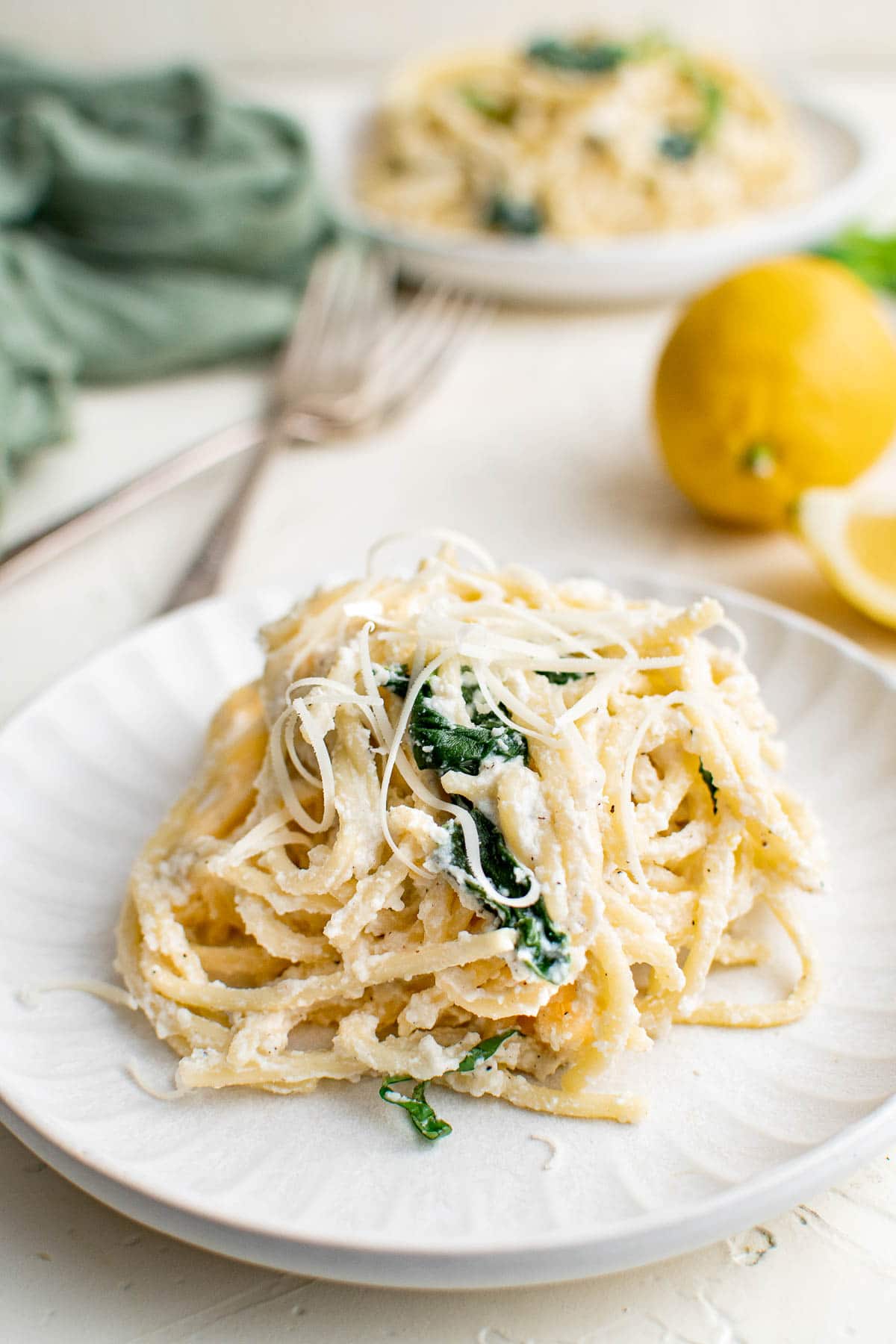 ricotta and spinach pasta on plate side view