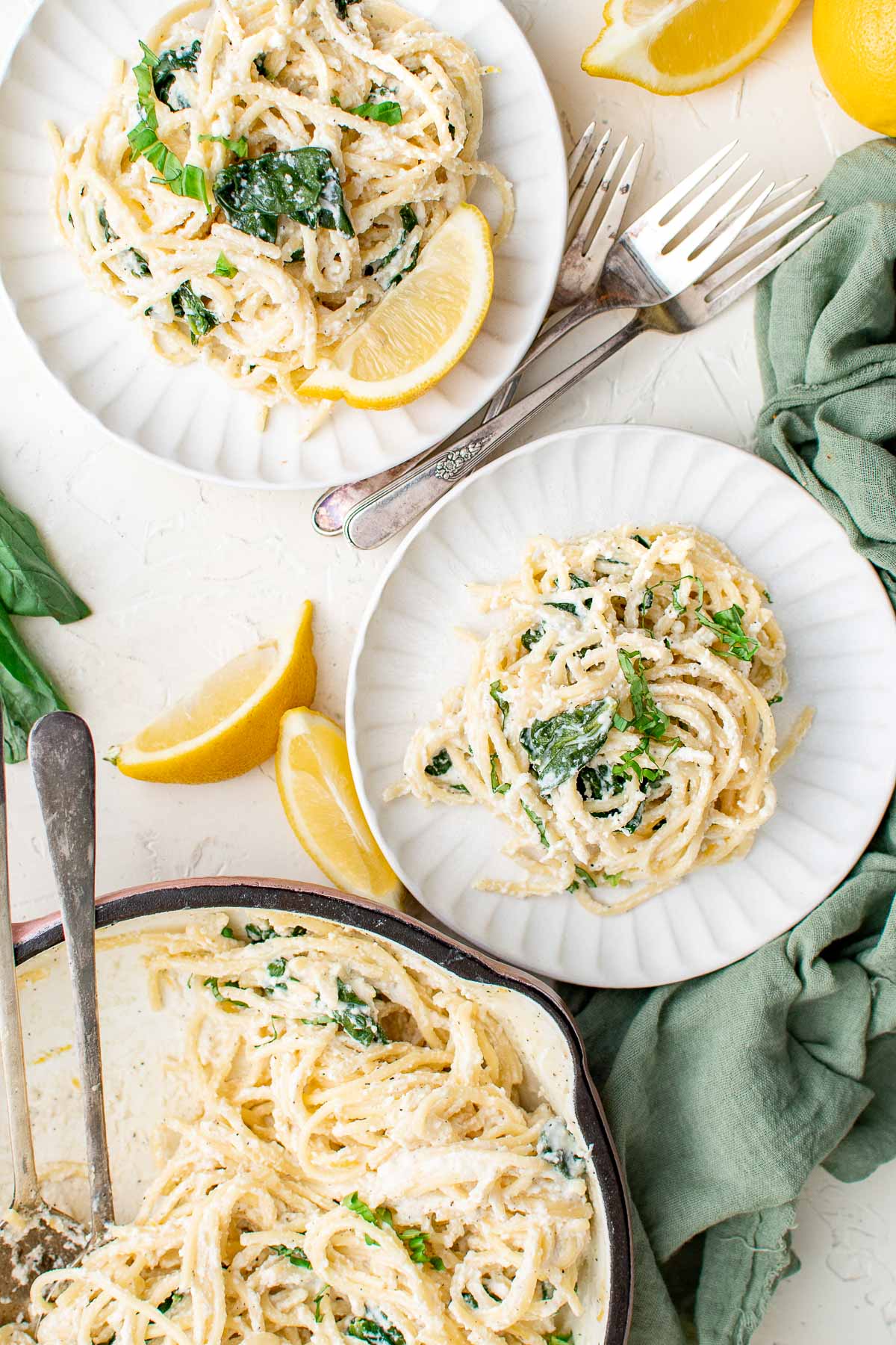 ricotta and spinach pasta plated and pan