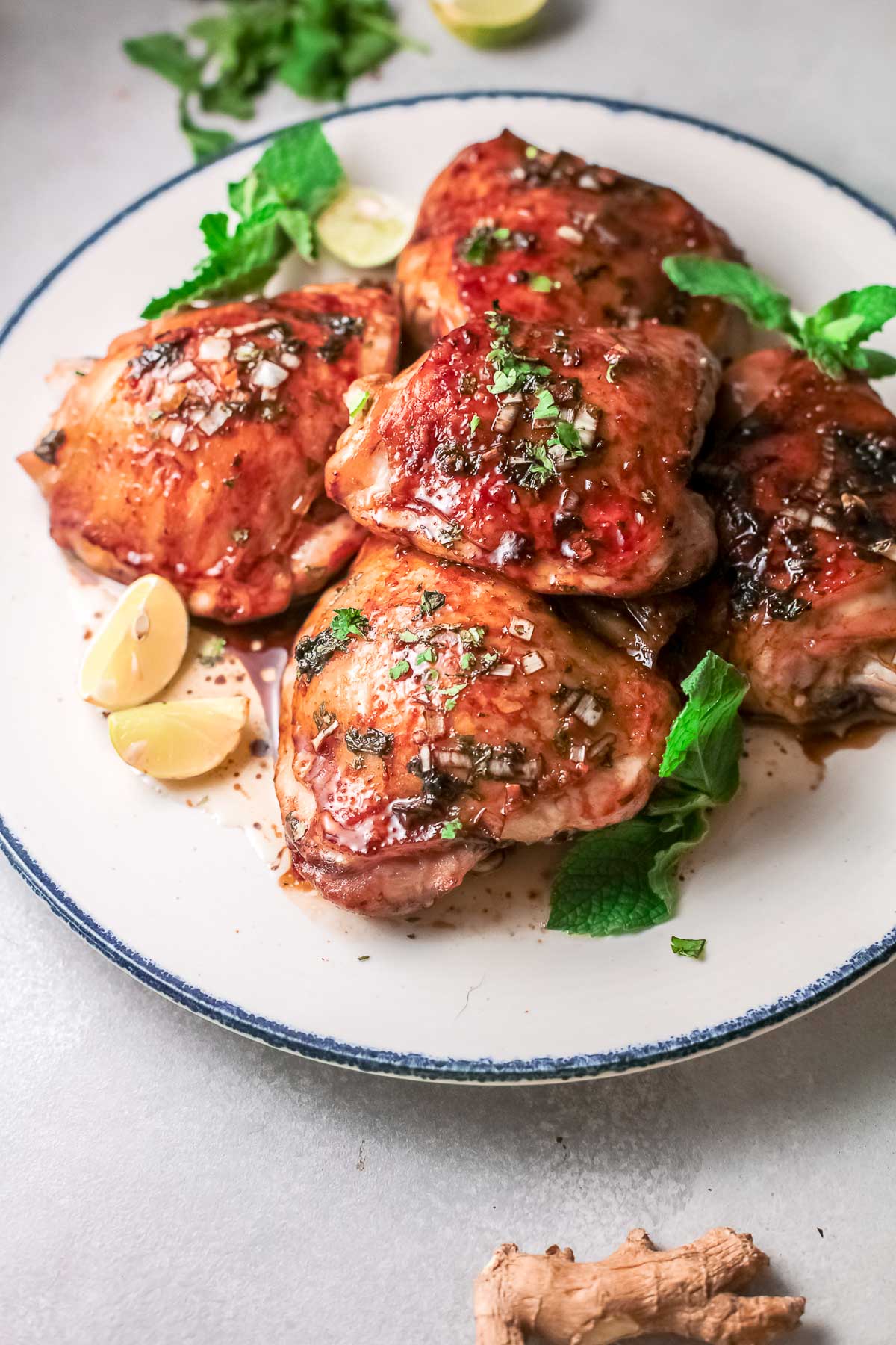 cooked vietnamese chicken thighs on plate 