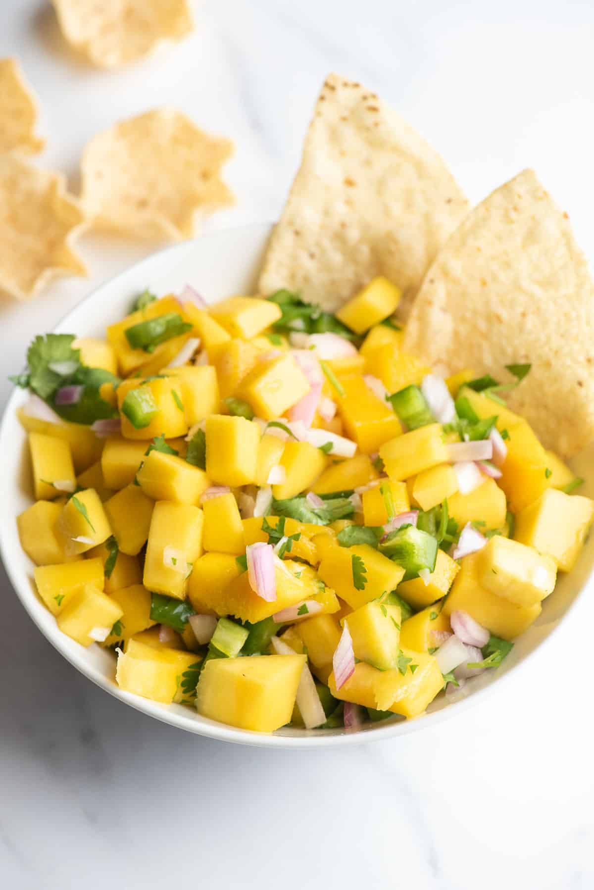 mango salsa in a bowl with chips close up