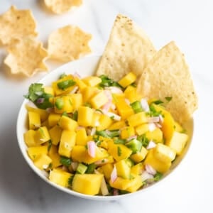 mango salsa in a bowl with chips square