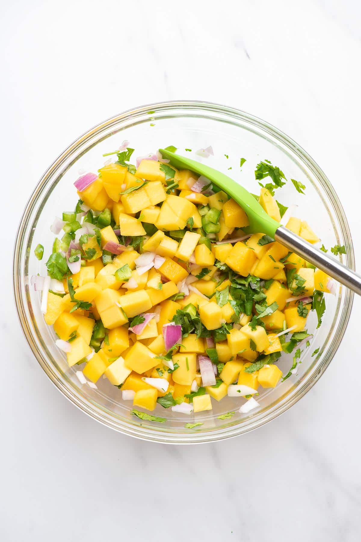 mango salsa ingredients mixed in bowl 