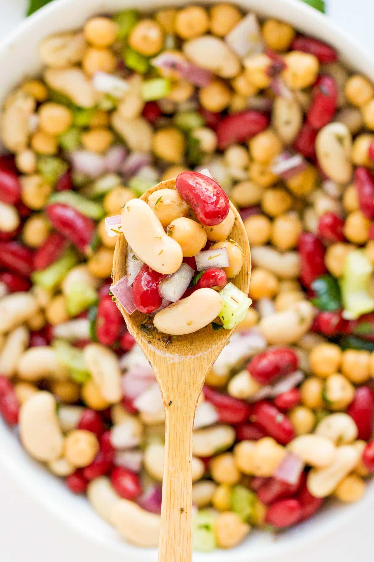 three bean salad on spoon