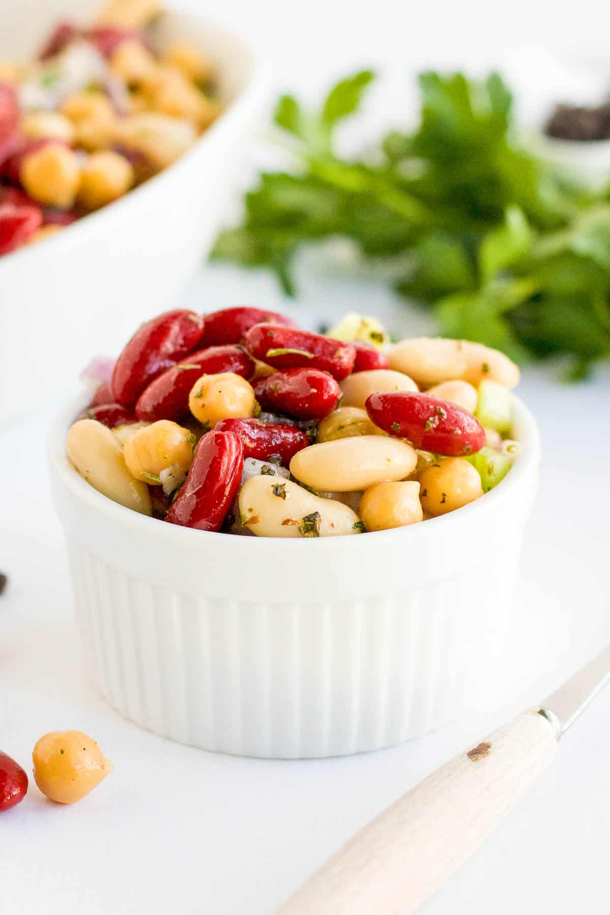 three bean salad serving in small bowl