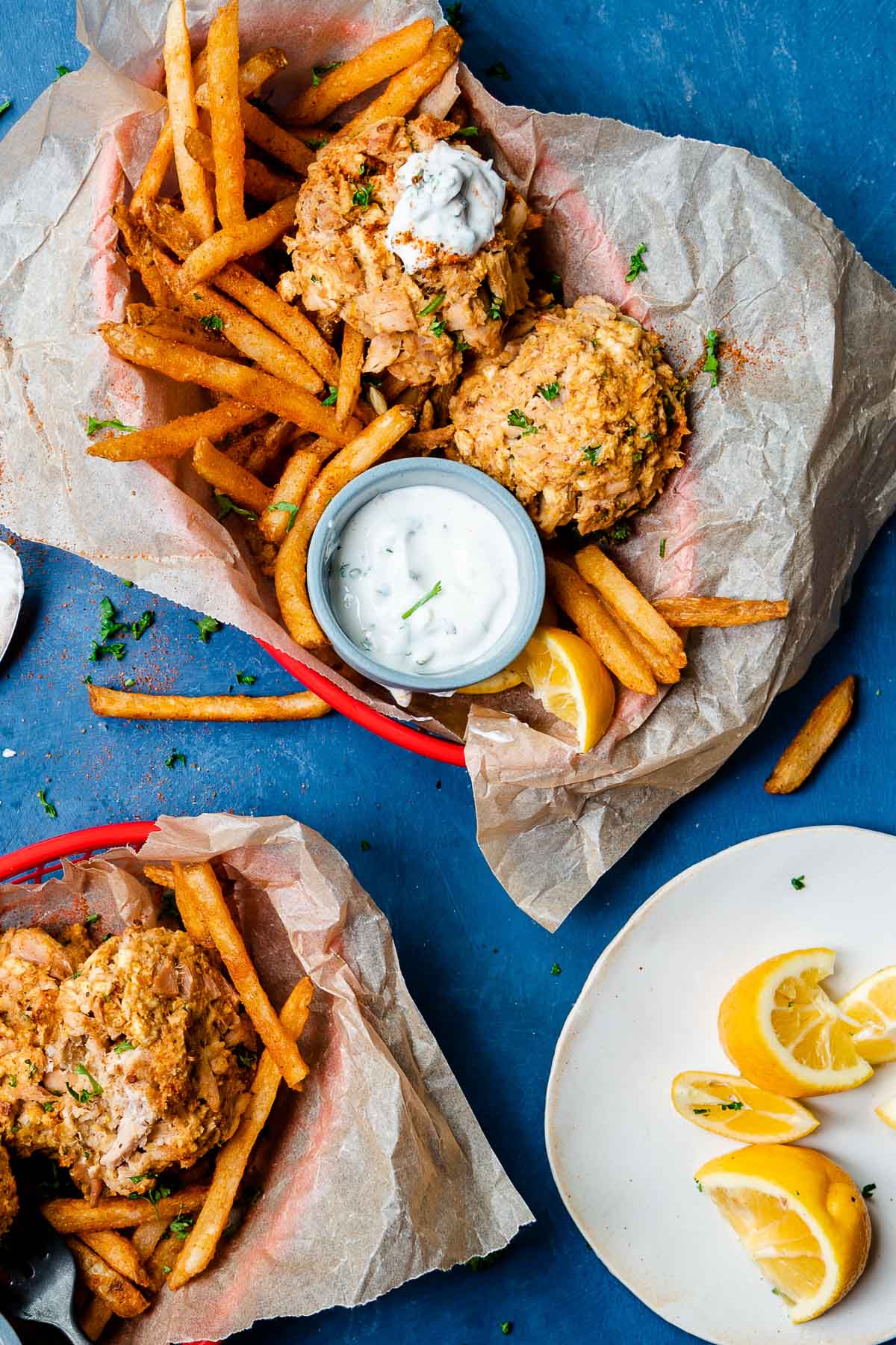 tuna cakes with fries overhead 