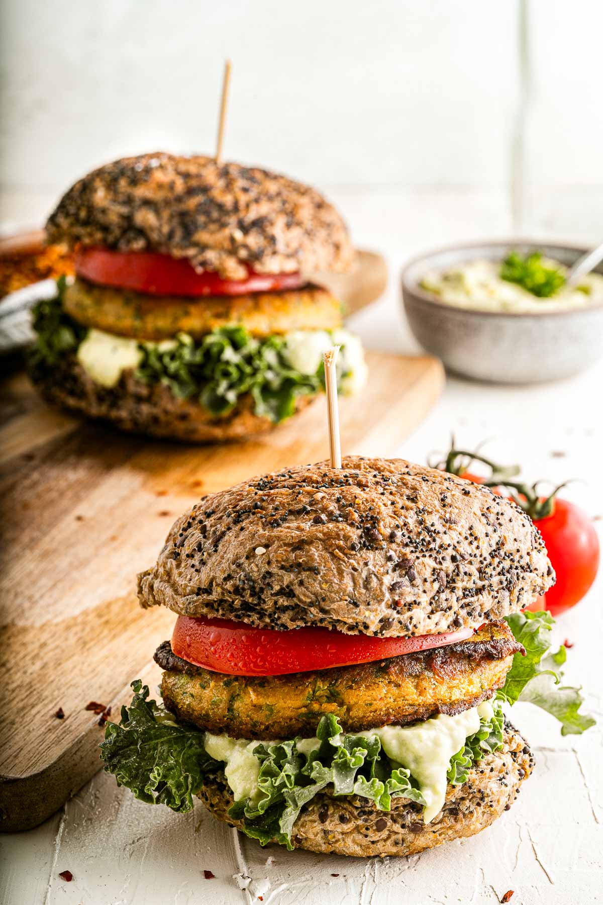 chickpea burgers on cutting board 