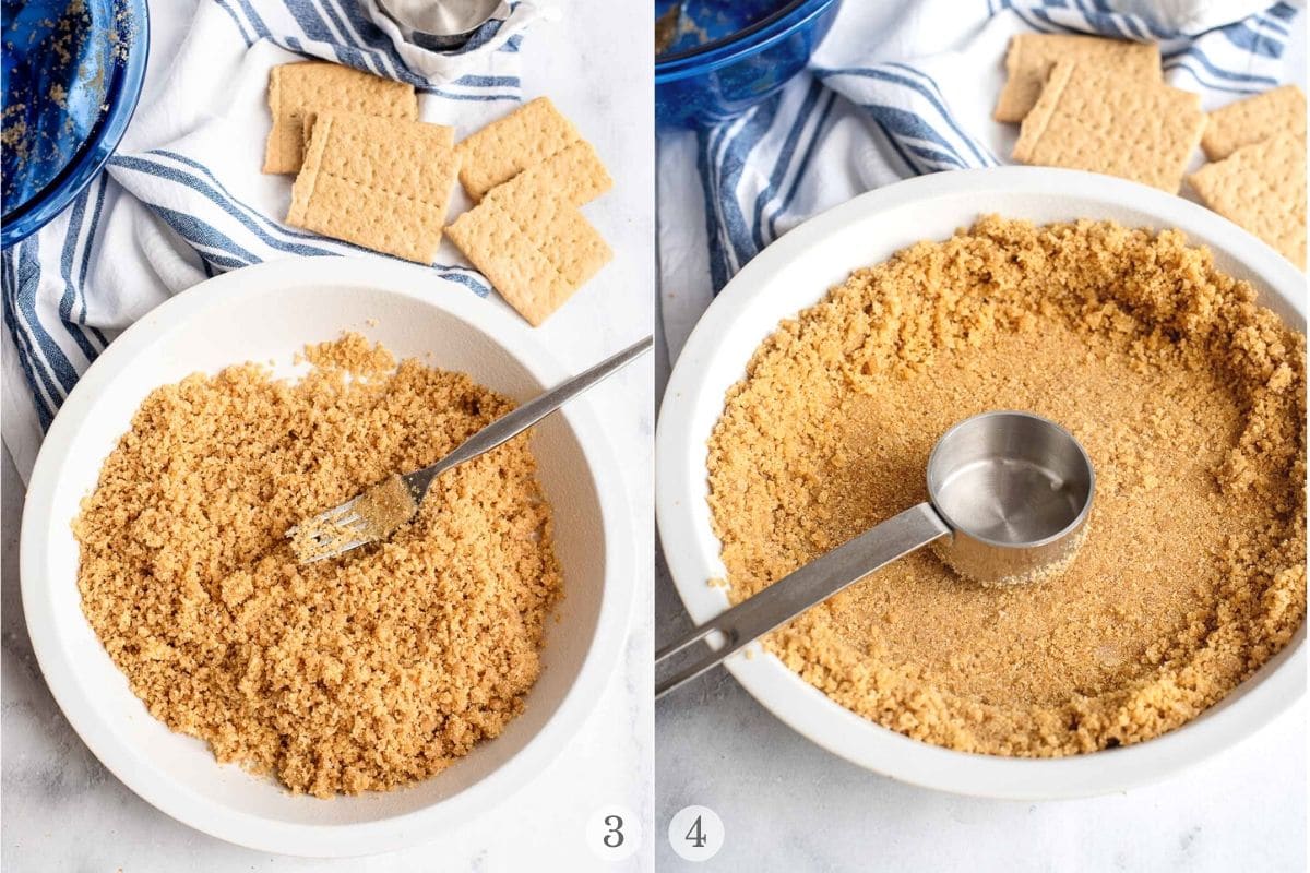 pressing crumbs to make graham cracker pie crust