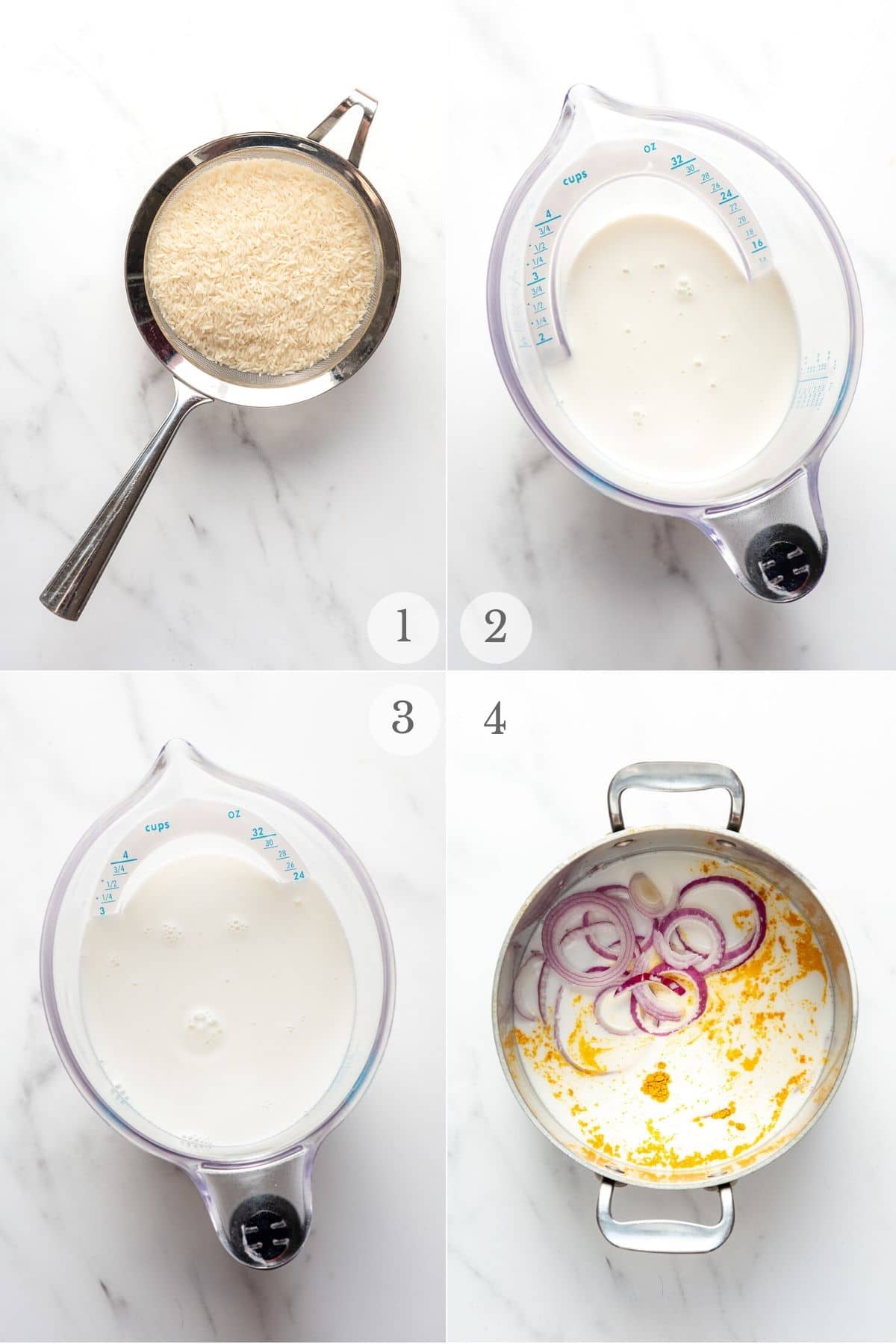 how to make coconut rice recipe steps 1-4 (photo collage)