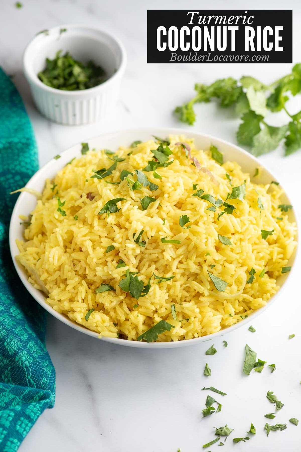 coconut rice with cilantro and title image