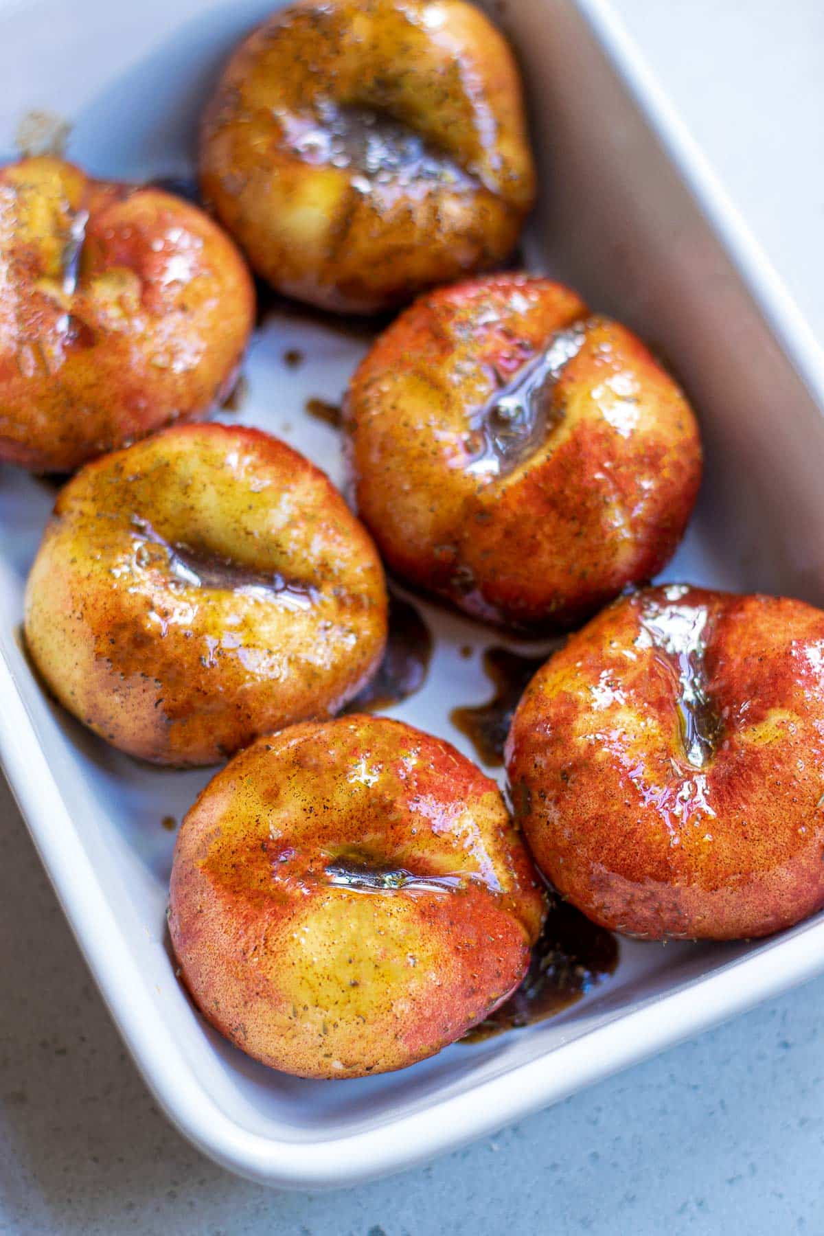 donut peaches in baking pan 