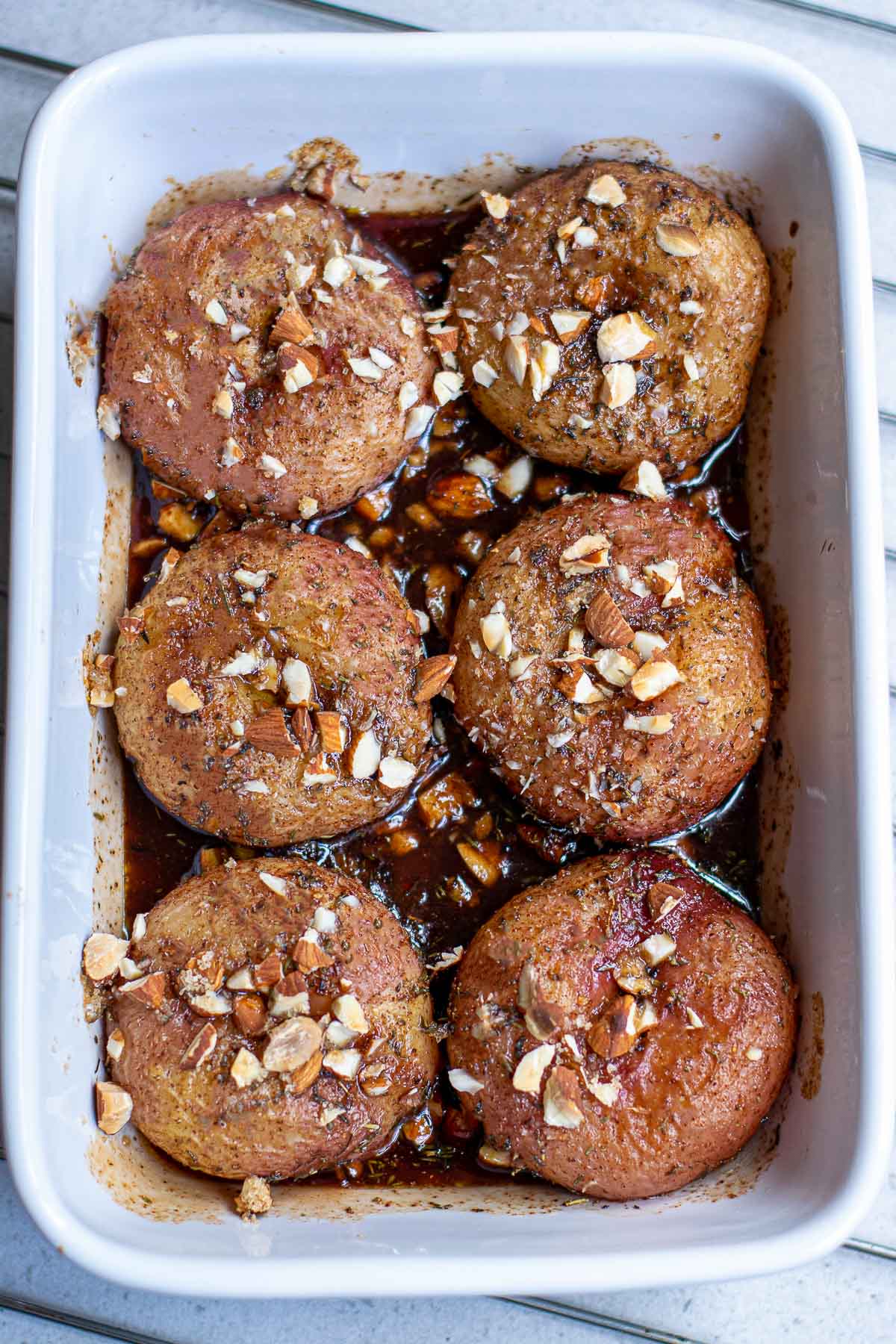 donut peaches in baking pan cooked