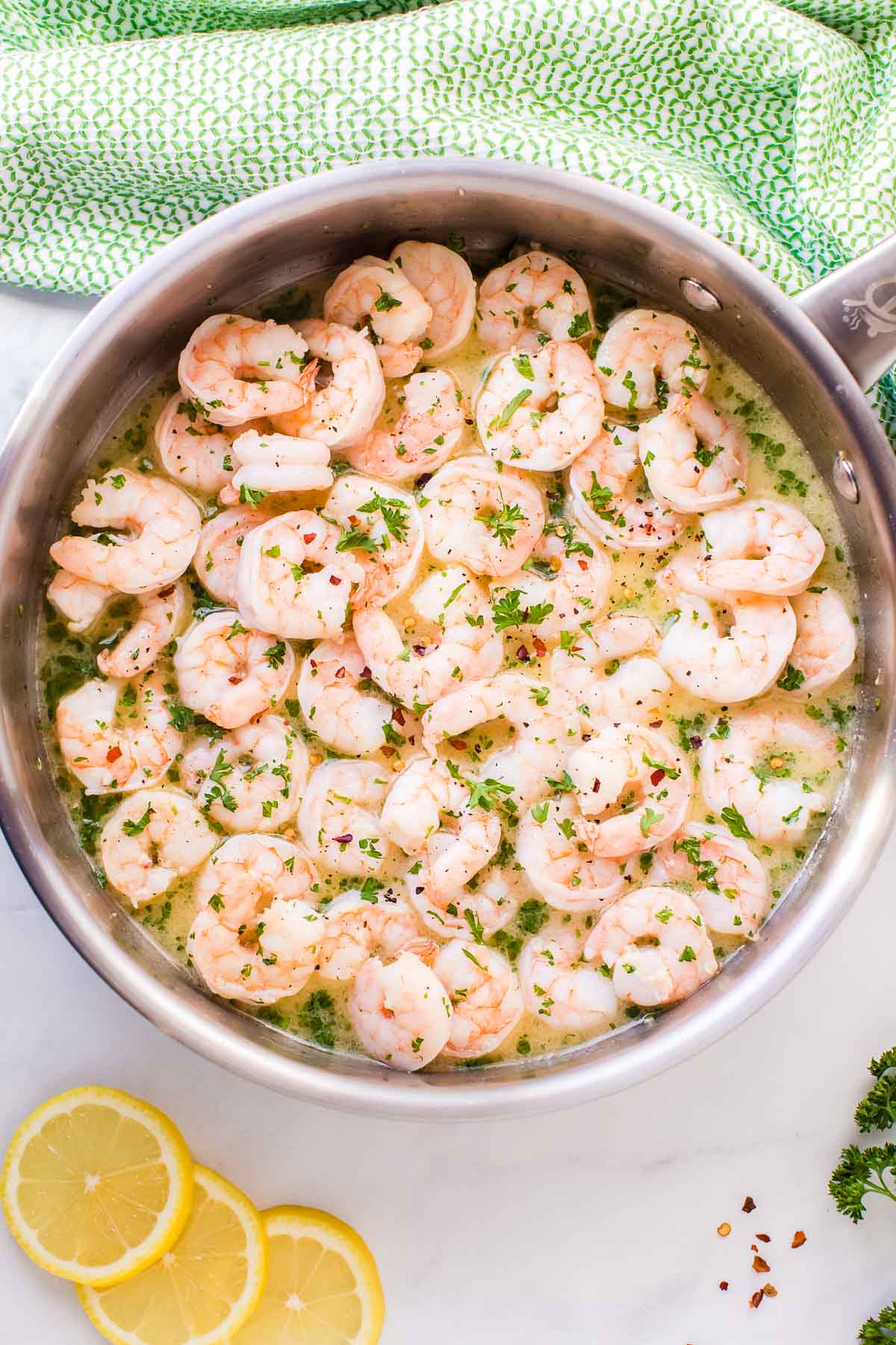 shrimp scampi in pan overhead