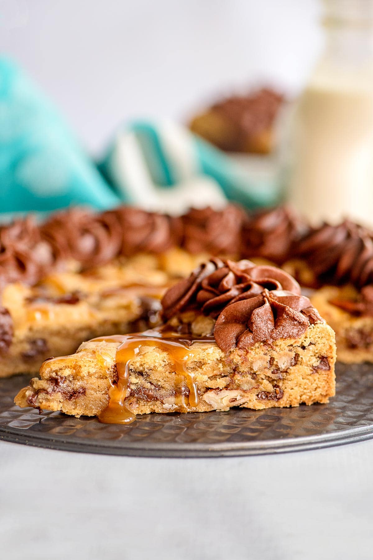 chocolate chip cookie slice dripping caramel