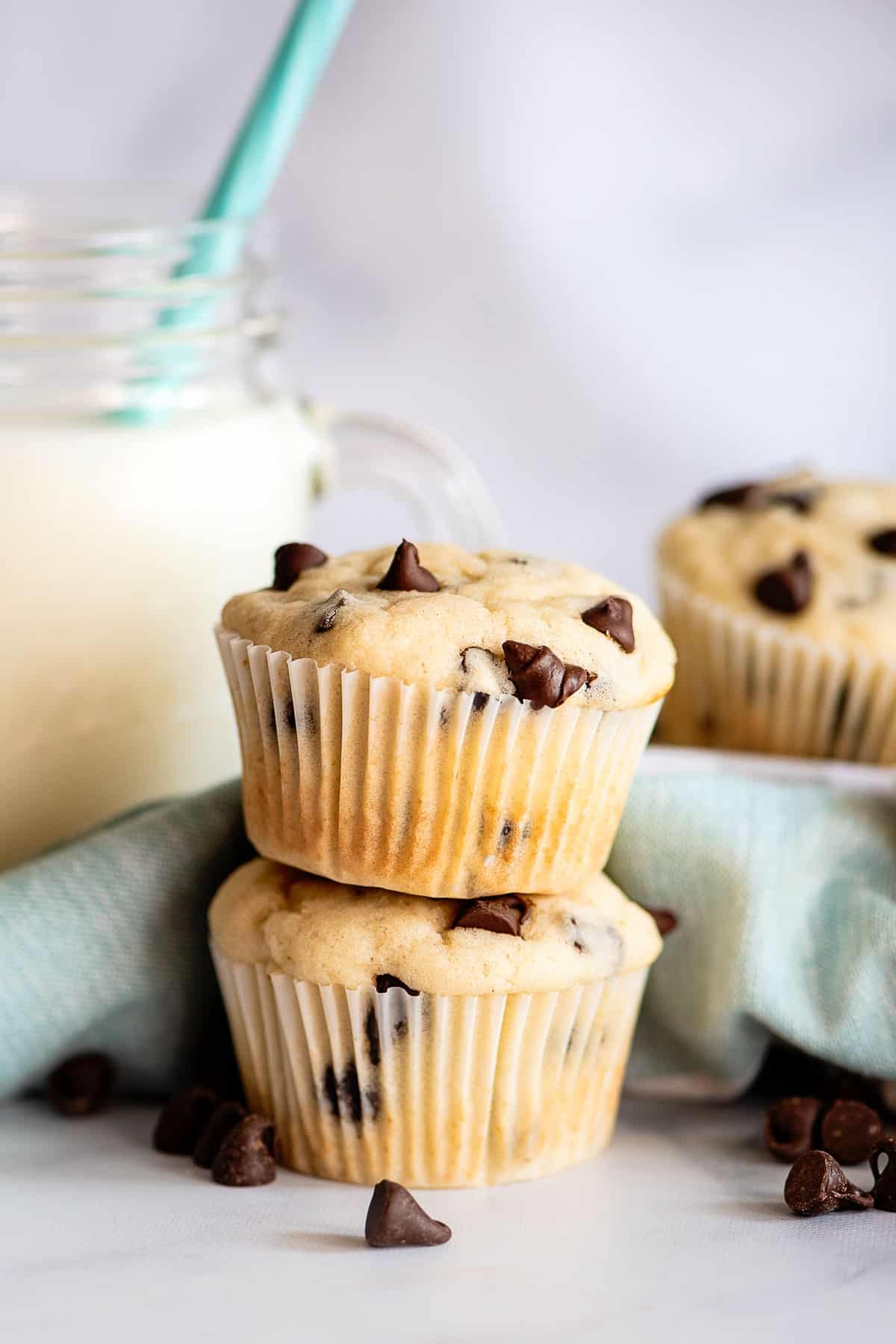 chocolate chip muffins two stacked
