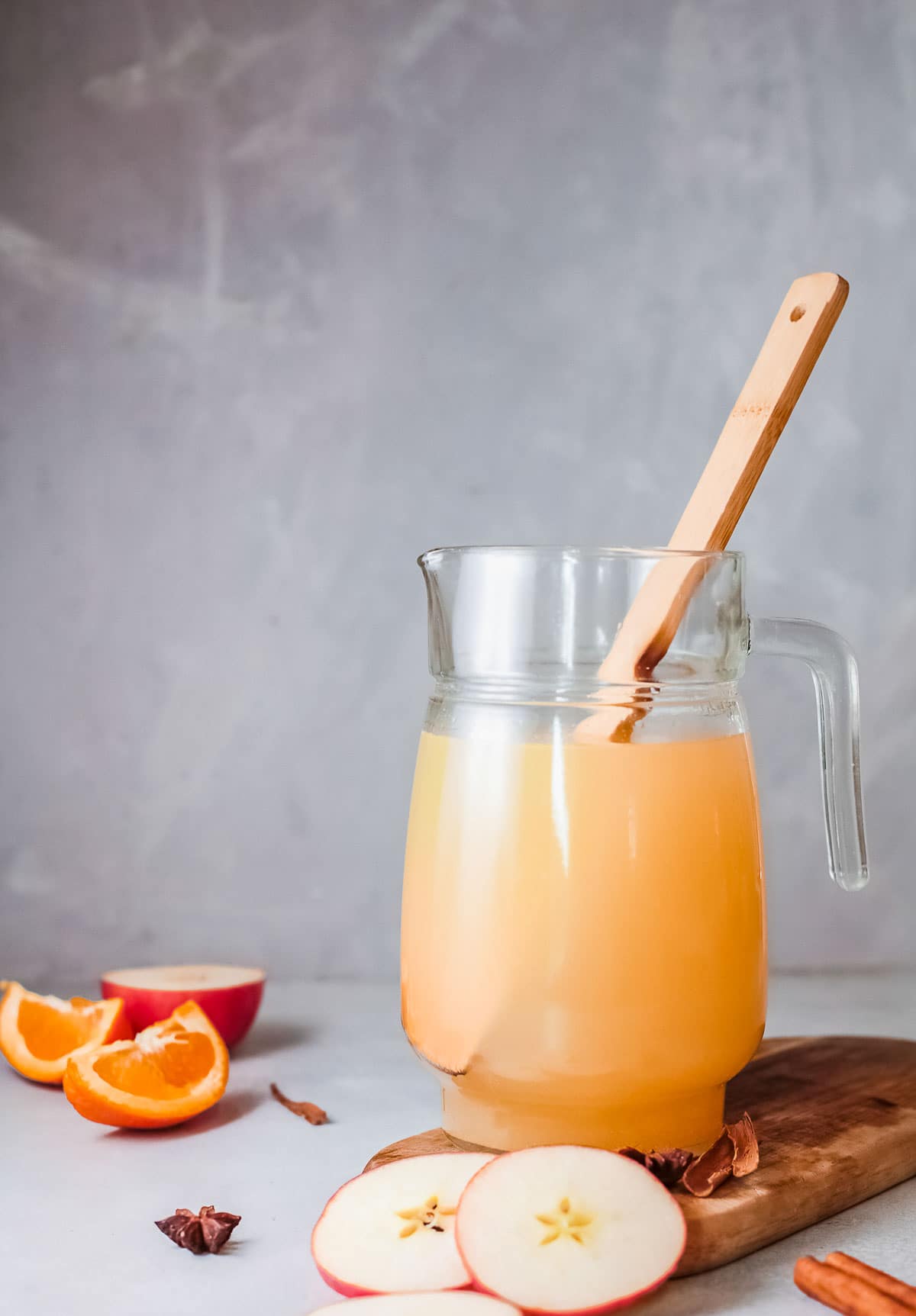 homemade apple cider in glass pitcher
