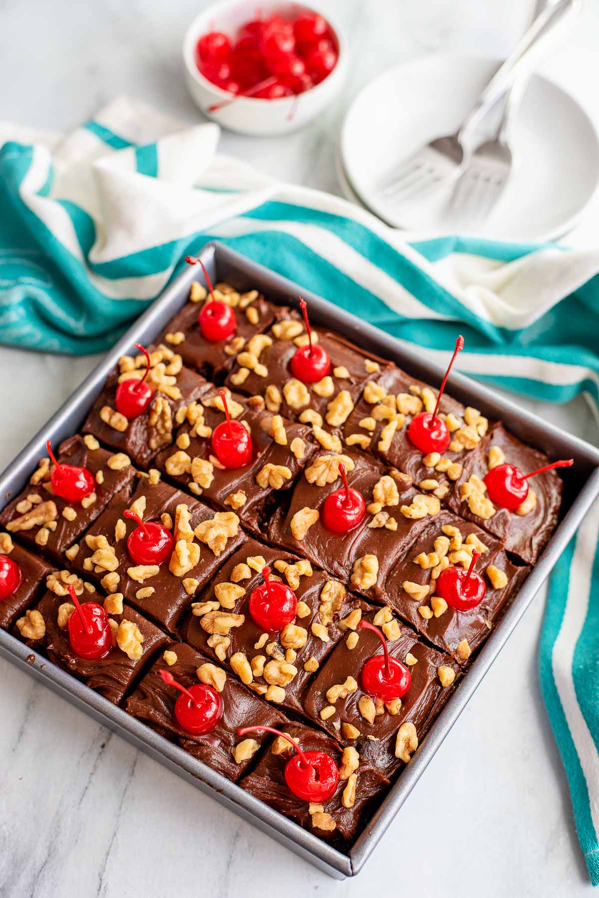 chocolate cherry cake sliced in pan