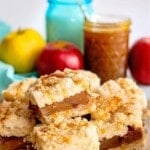 apple pie bars on a plate with title
