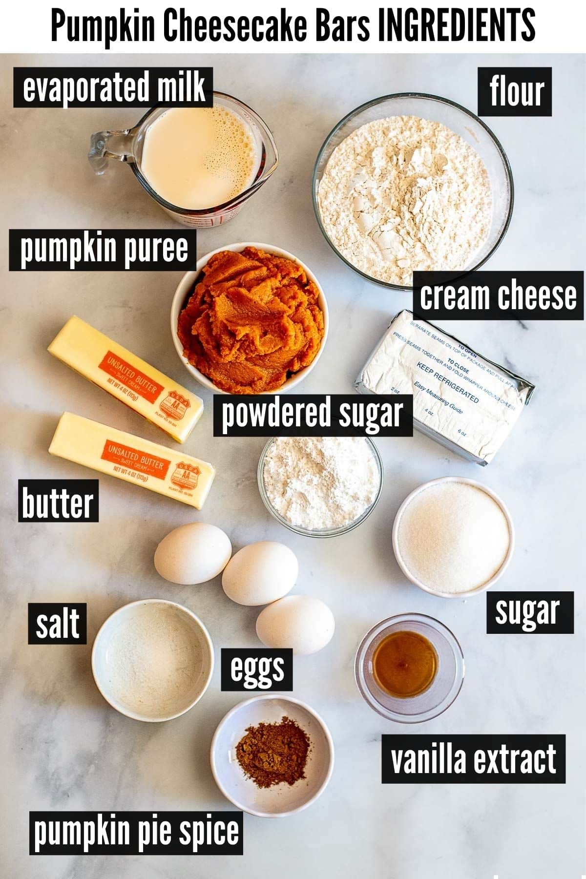 pumpkin cheesecake bars ingredients labelled