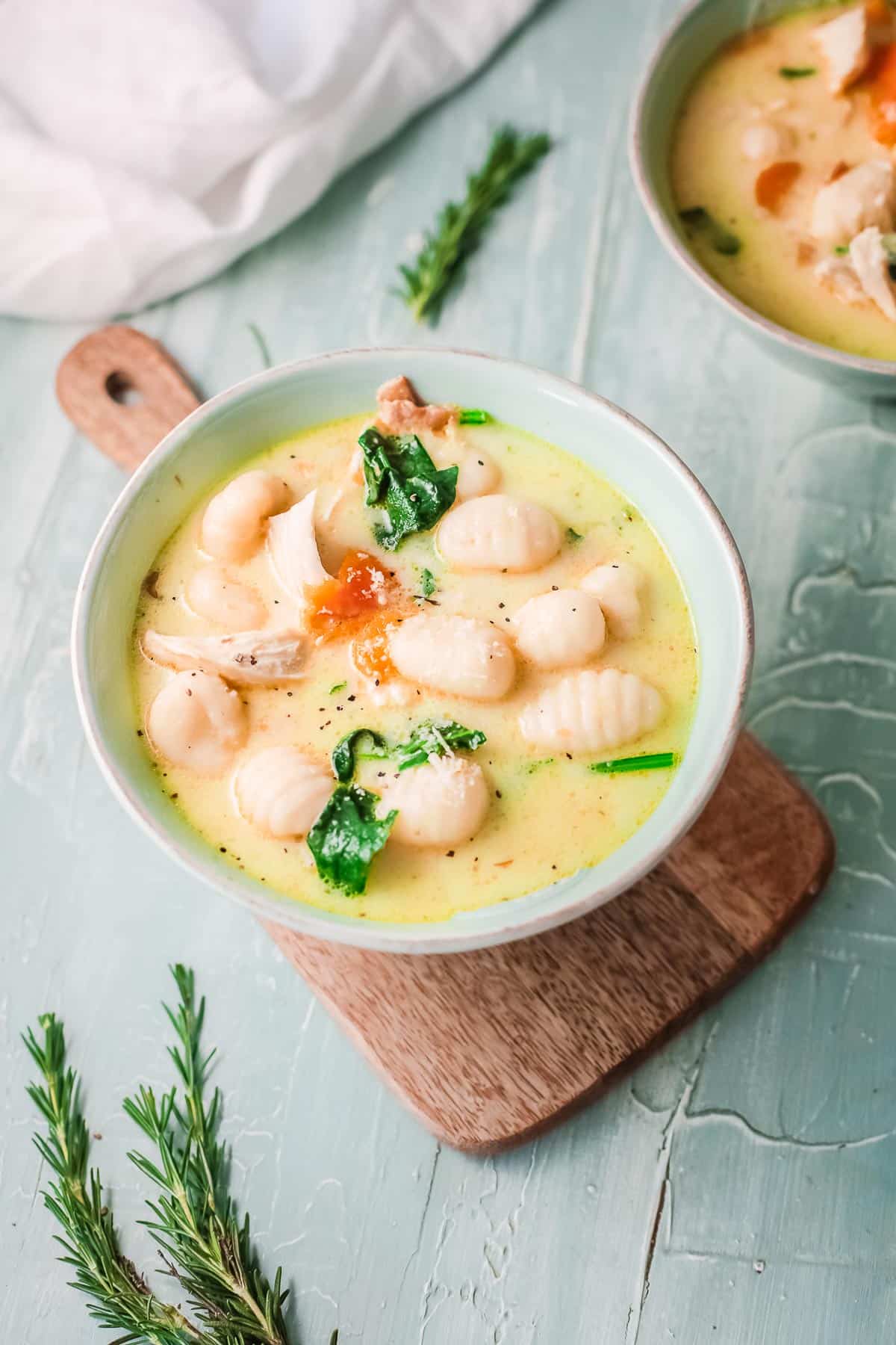 chicken gnocchi soup in a bowl 