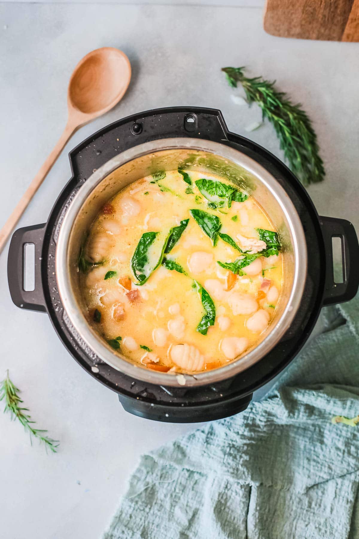 instant pot chicken gnocchi soup in the pot