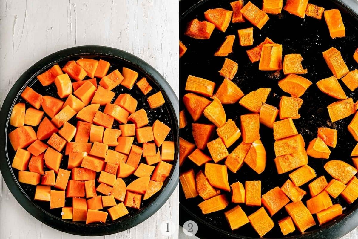 roasted pumpkin before and after cooking