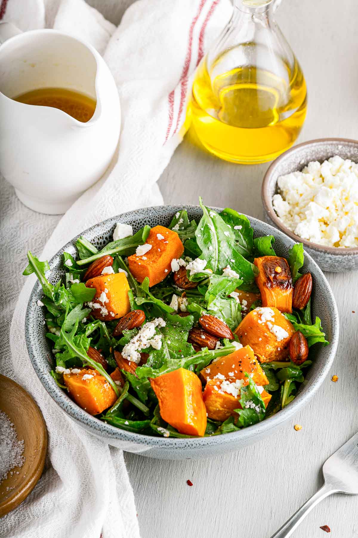 roasted pumpkin in bowl with feta