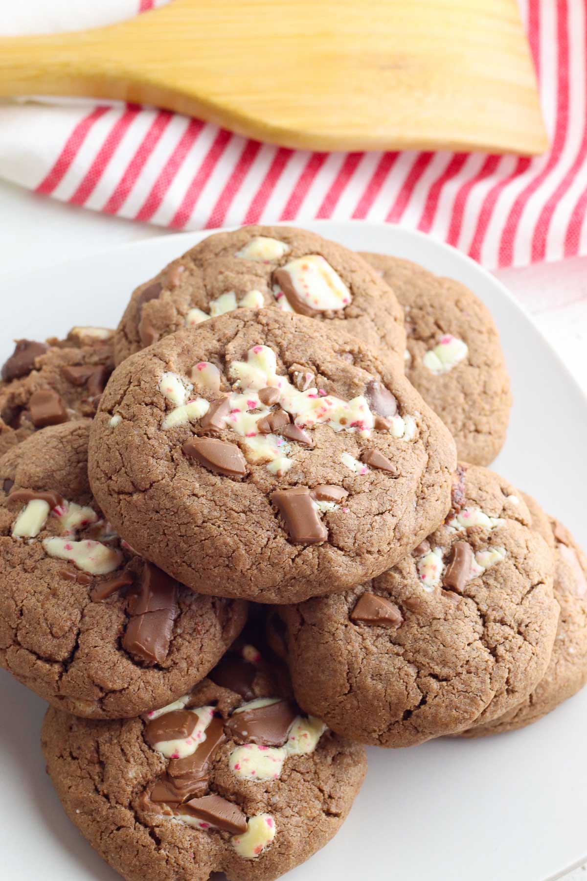 chocolate peppermint cookies from side on plate