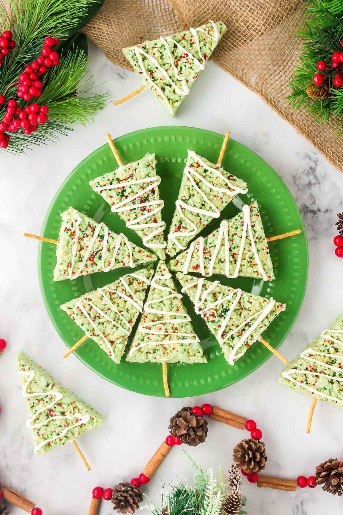 christmas tree rice krispies treats on green plate above