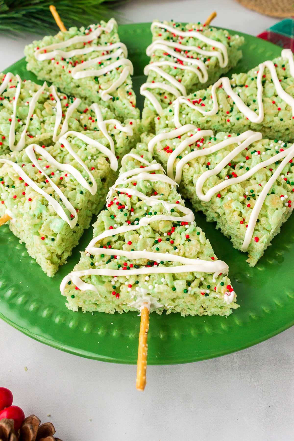 christmas tree rice krispies treats on green plate
