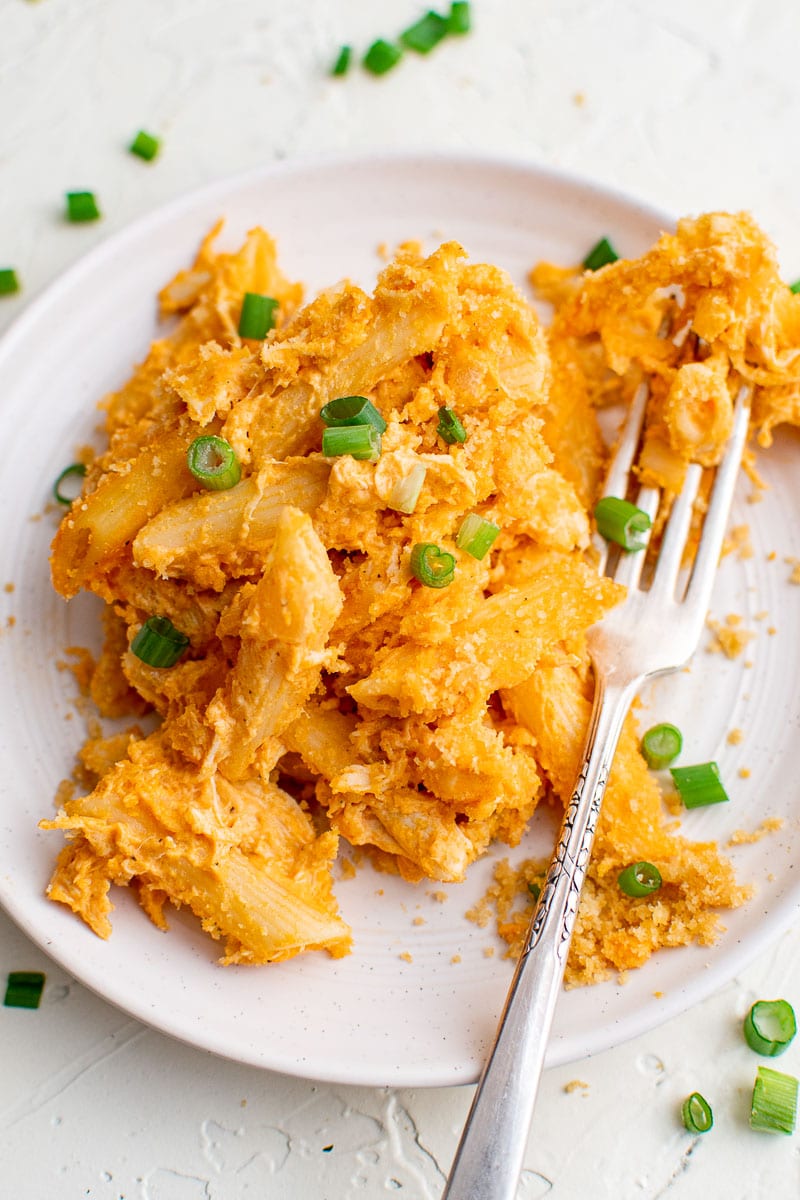 baked buffalo chicken pasta serving