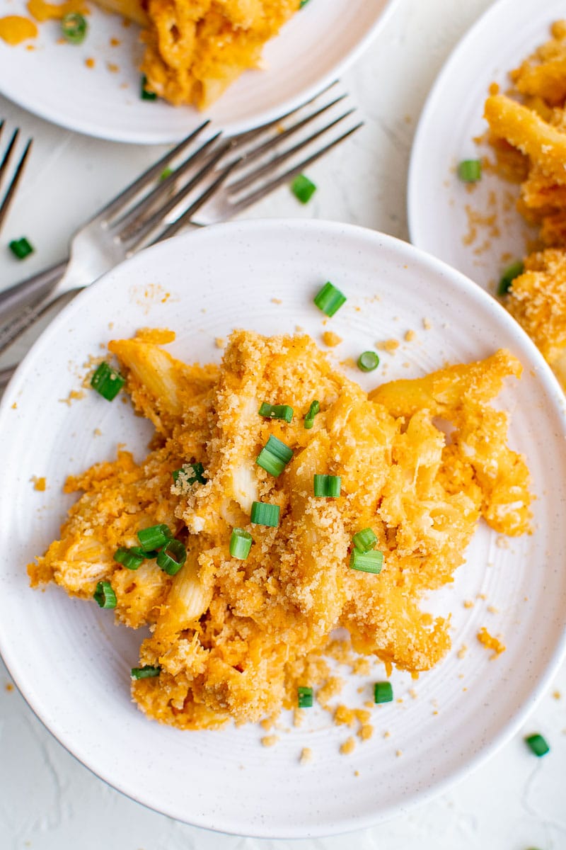 baked buffalo chicken pasta serving from above b