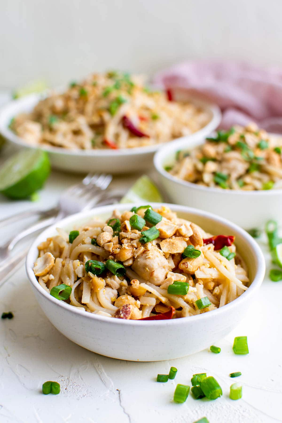 chicken pad thai in bowl close