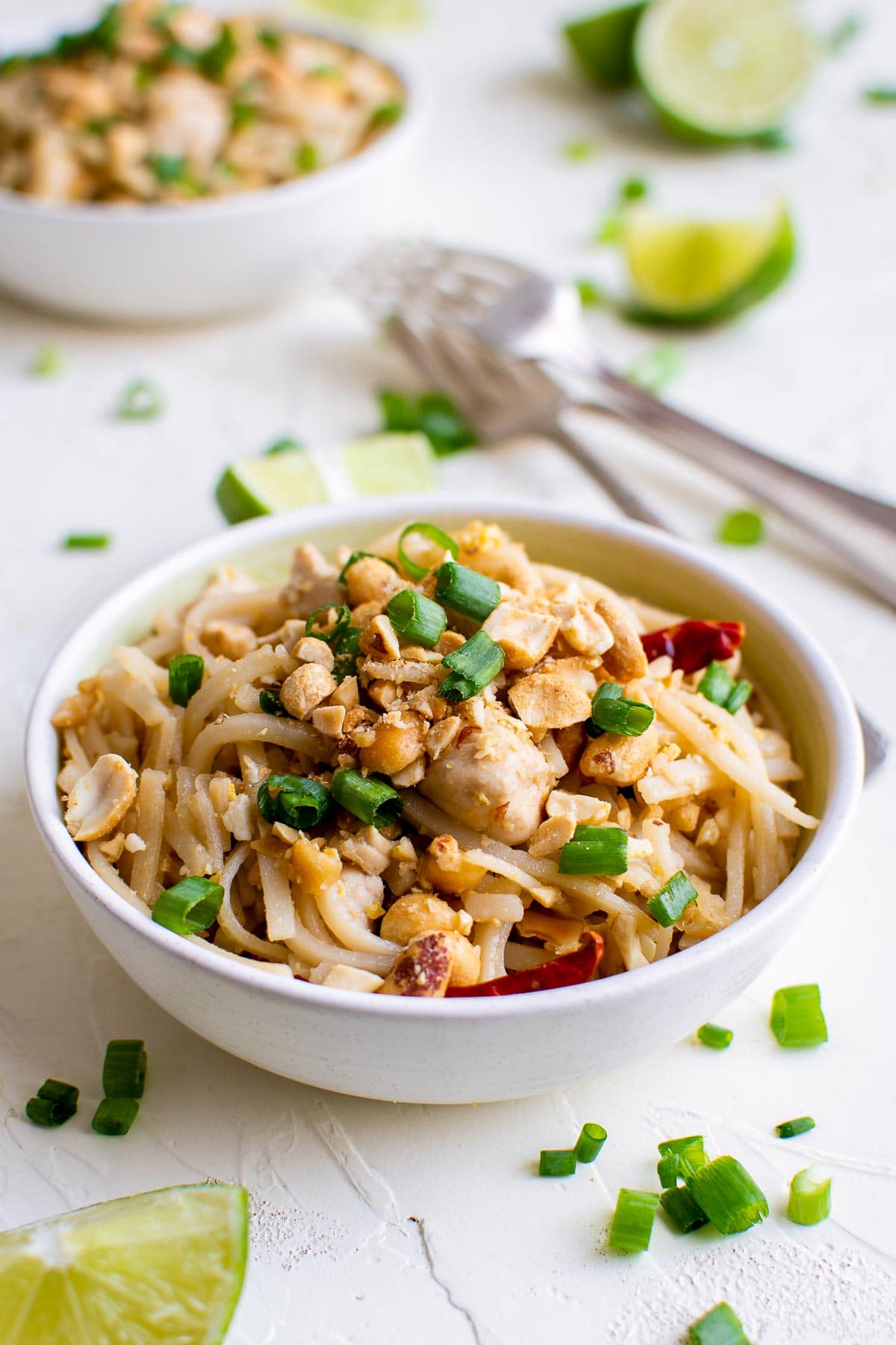 chicken pad thai in bowl close up