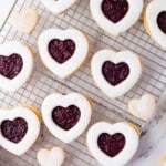 heart linzer cookies with text overlay