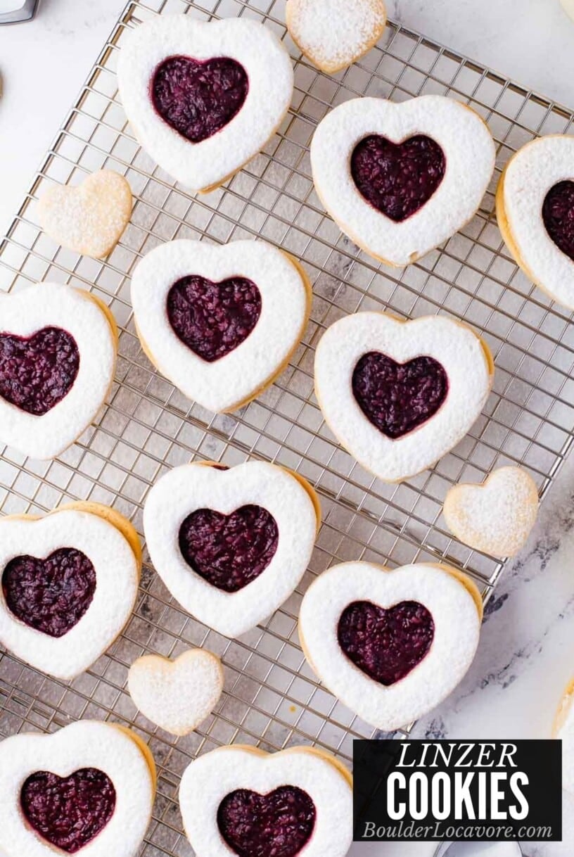 heart linzer cookies with text overlay