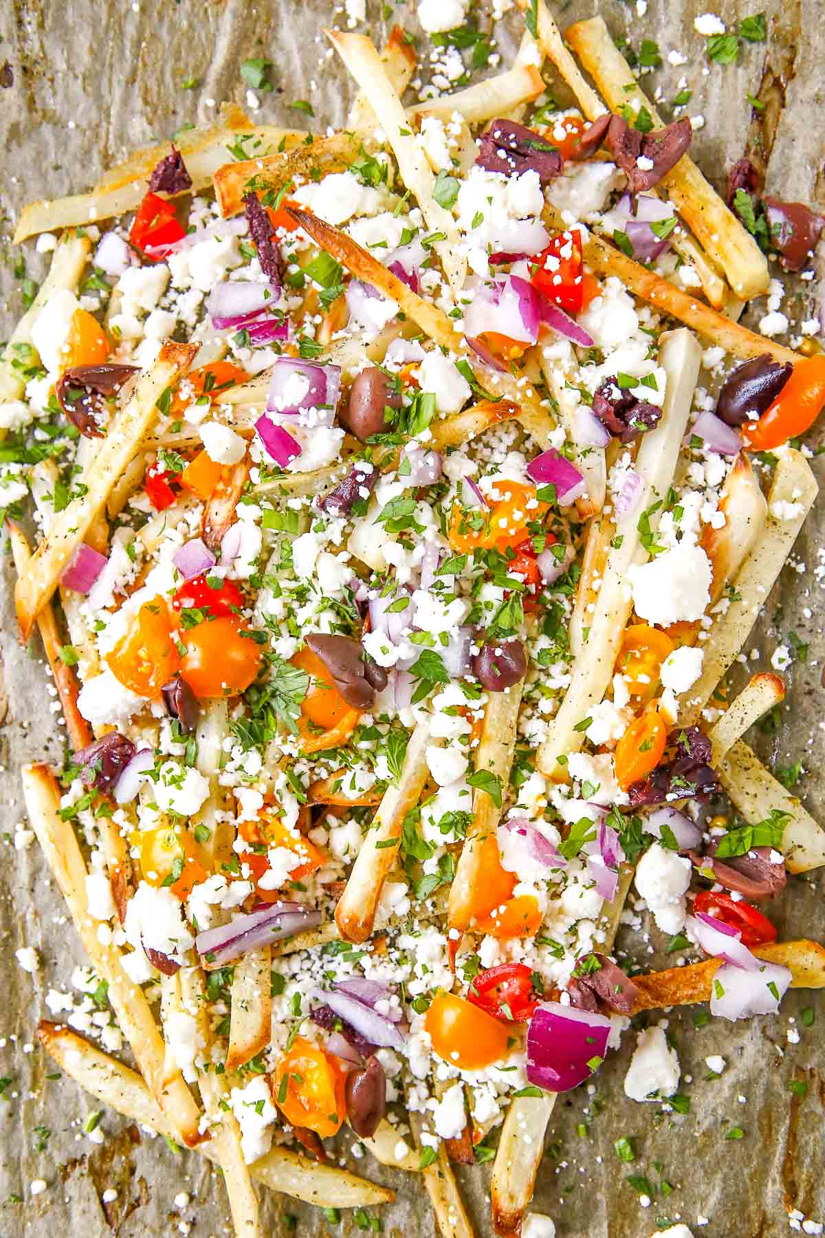 pan of prepared Greek fries 