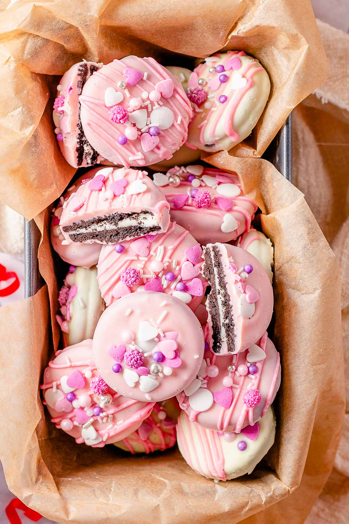 Valentine's white chocolate covered oreos from overhead
