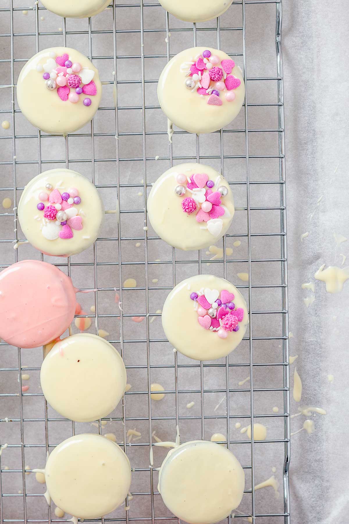 Valentine's white chocolate covered oreos on wire rack