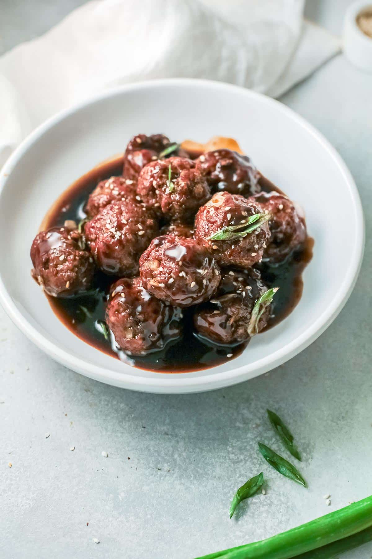 bowl of asian meatballs close