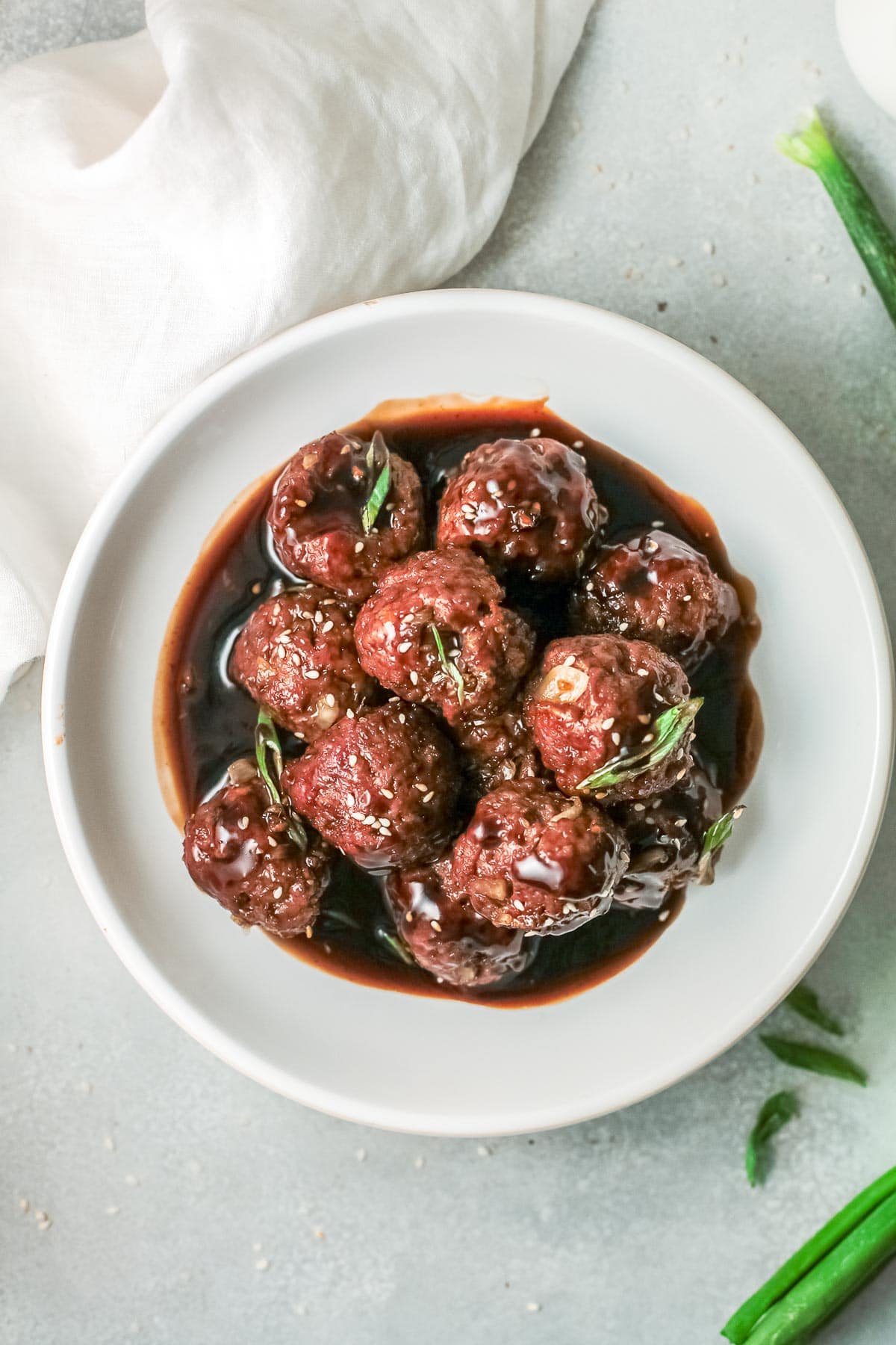 bowl of asian meatballs overhead