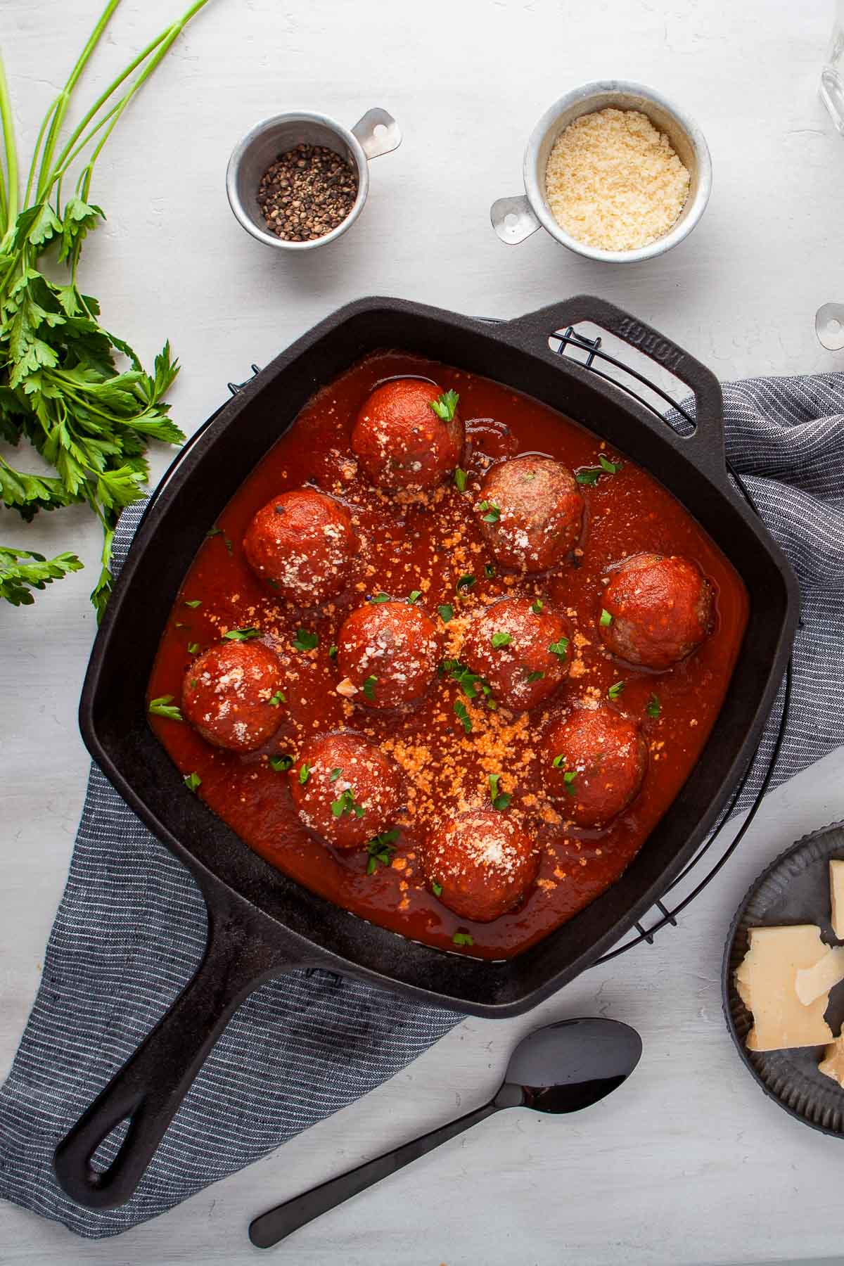 homemade meatballs with chipotle sauce in skillet overhead