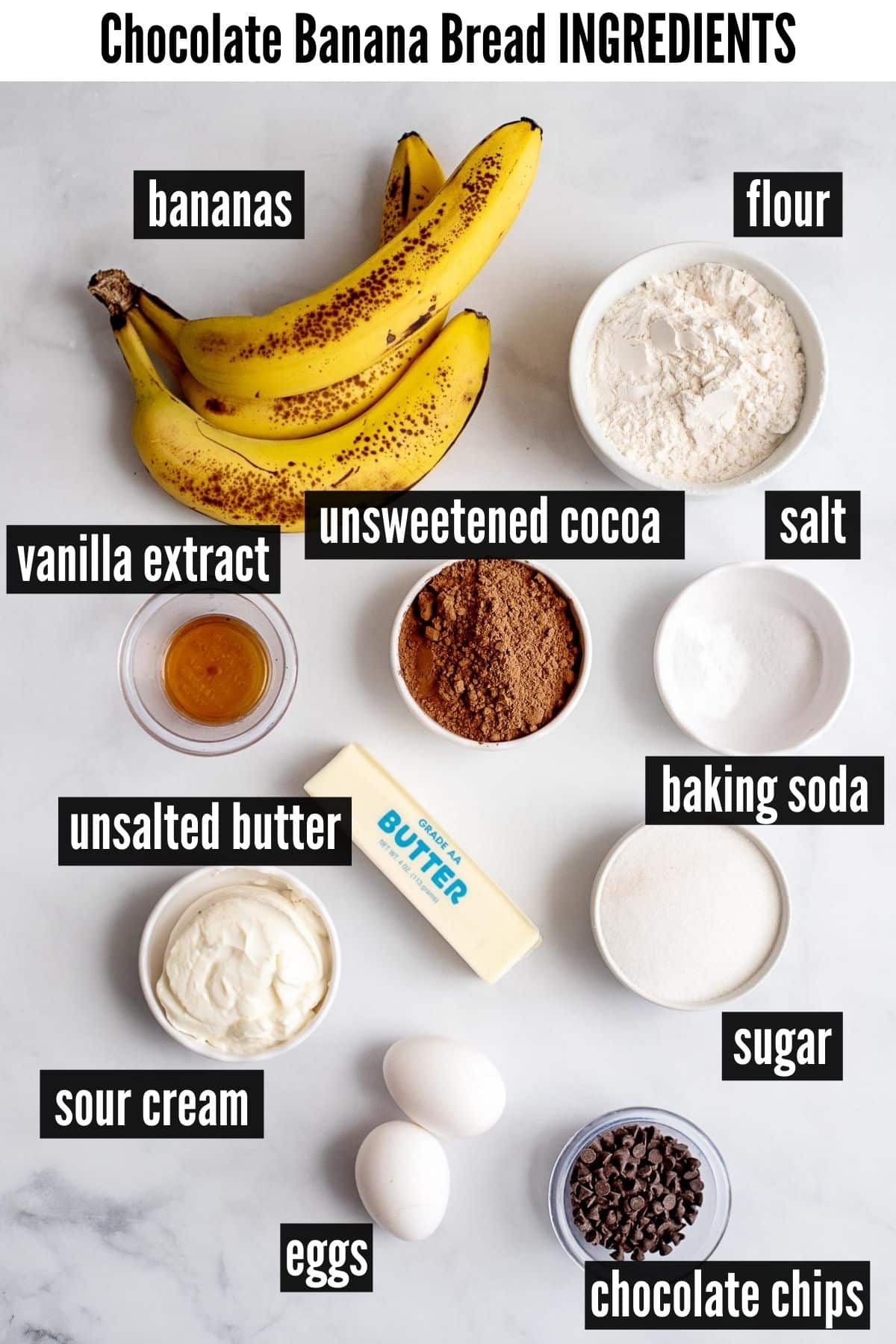 chocolate banana bread labelled ingredients